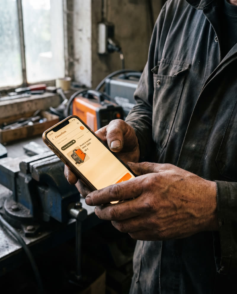 Mains d'un bricoleur tenant un smartphone affichant l'app Leboncoin sur une liste d'annonces de postes à souder d'occasion