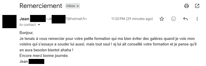 Email de remerciement de Jean