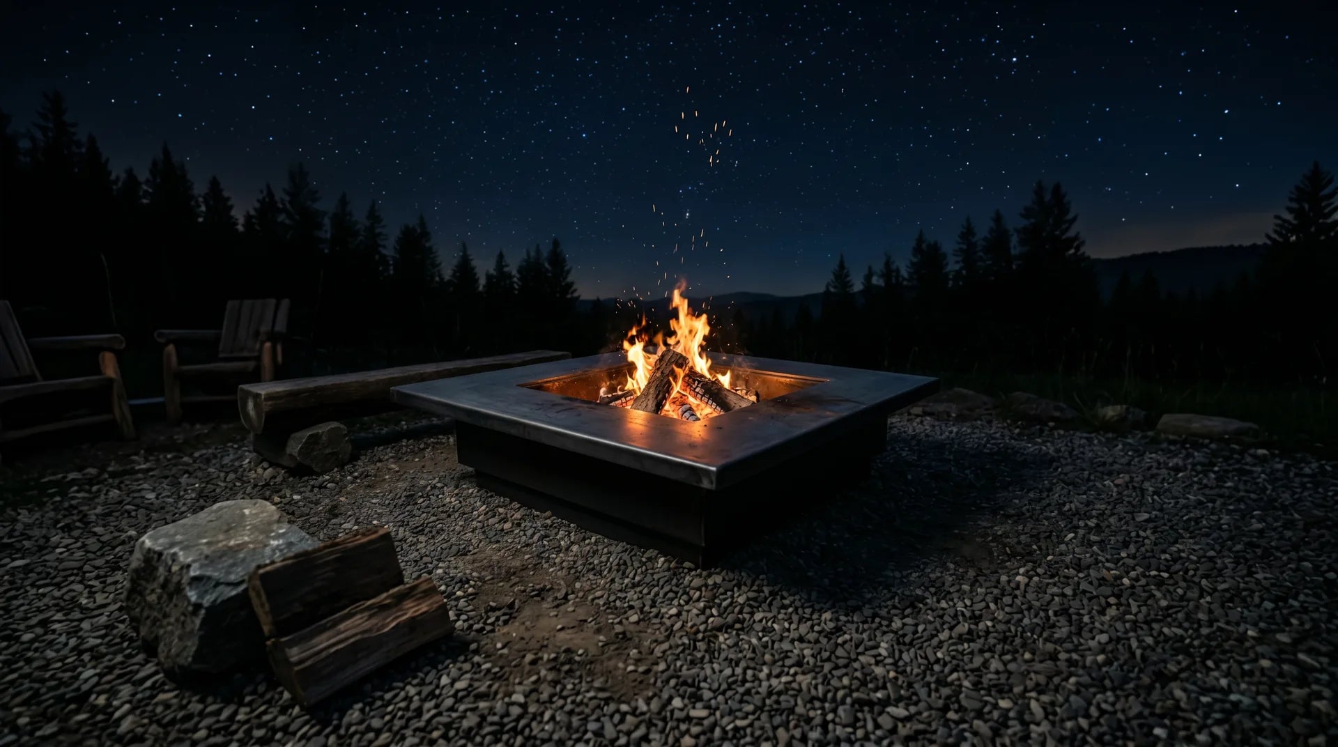 Brasero carré en acier anthracite avec plan de cuisson, allumé la nuit, ciel étoilé et pins en silhouette