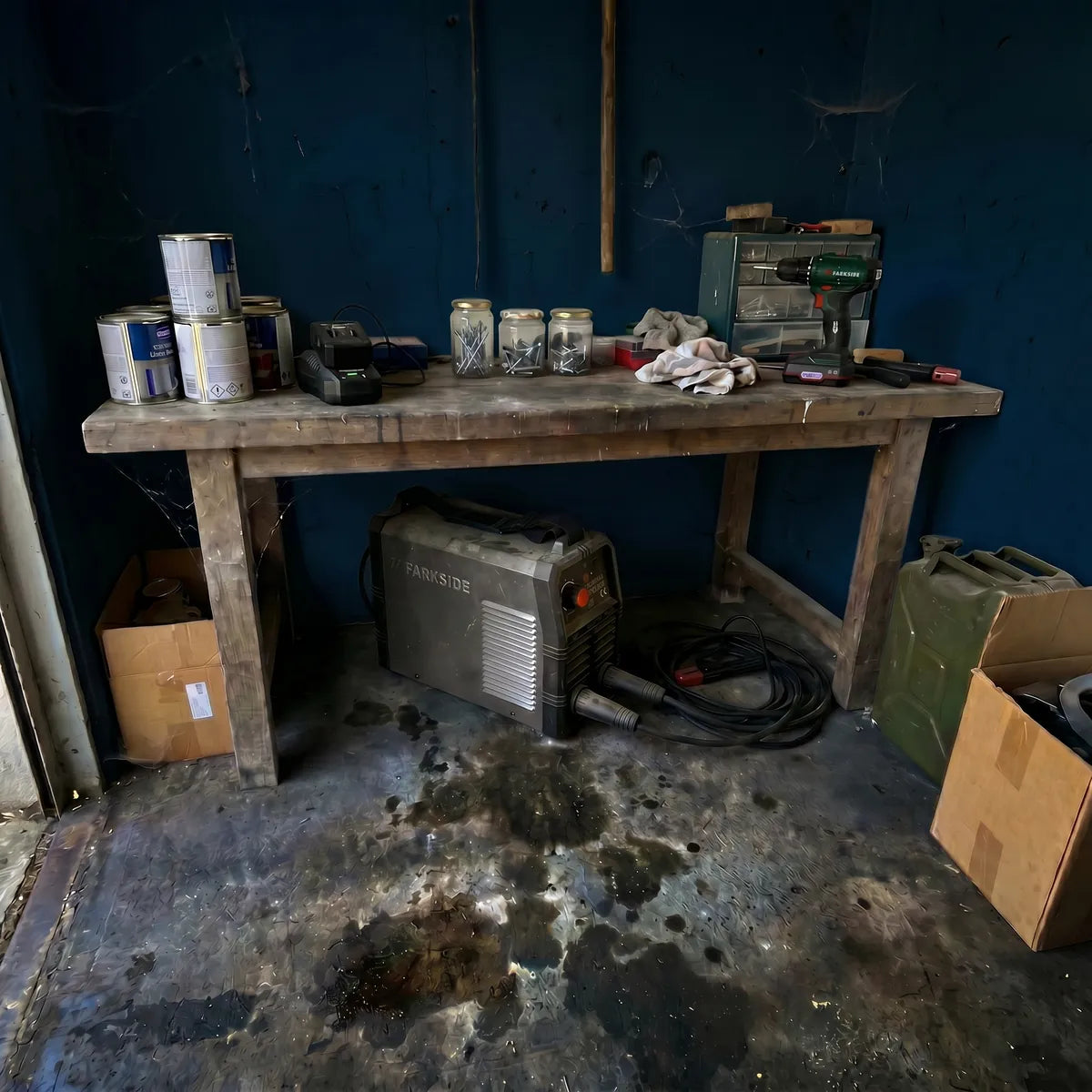 Poste à souder oublié sous un établi dans un garage