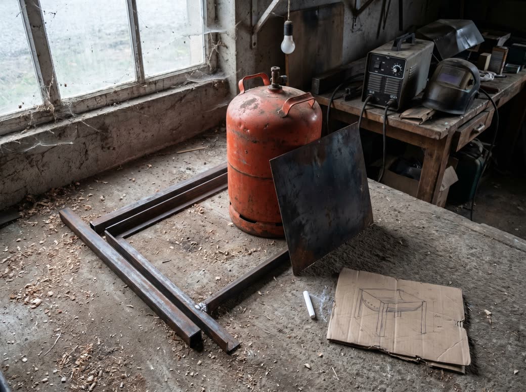 Projet de brasero qui attend dans le garage, bouteille de gaz et fers plats